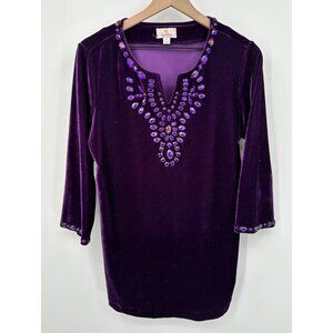 Quacker Factory Velvet Tunic Women Small Purple Jeweled 3/4 Sleeve